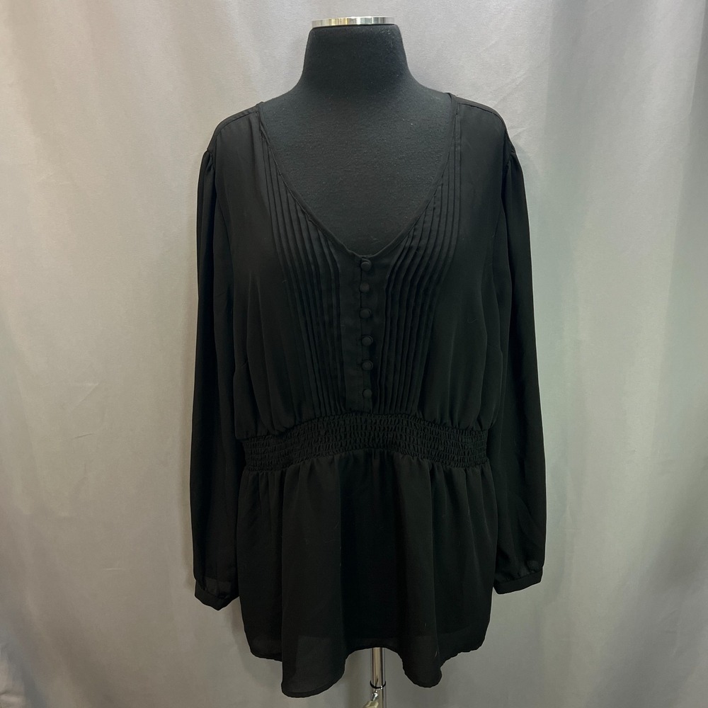 Torrid Babydoll Blouse Womens 2 Black Georgette Pintuck Button Front Detail